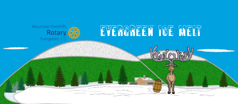 Evergreen Ice Melt artwork — an elk stands beside the contest barrel on a snowy Evergreen hillside